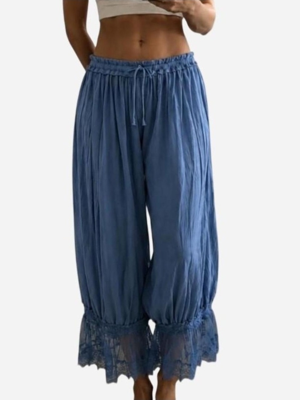 Smocked Waist Blue Palazzo Pants with Lace Hem
